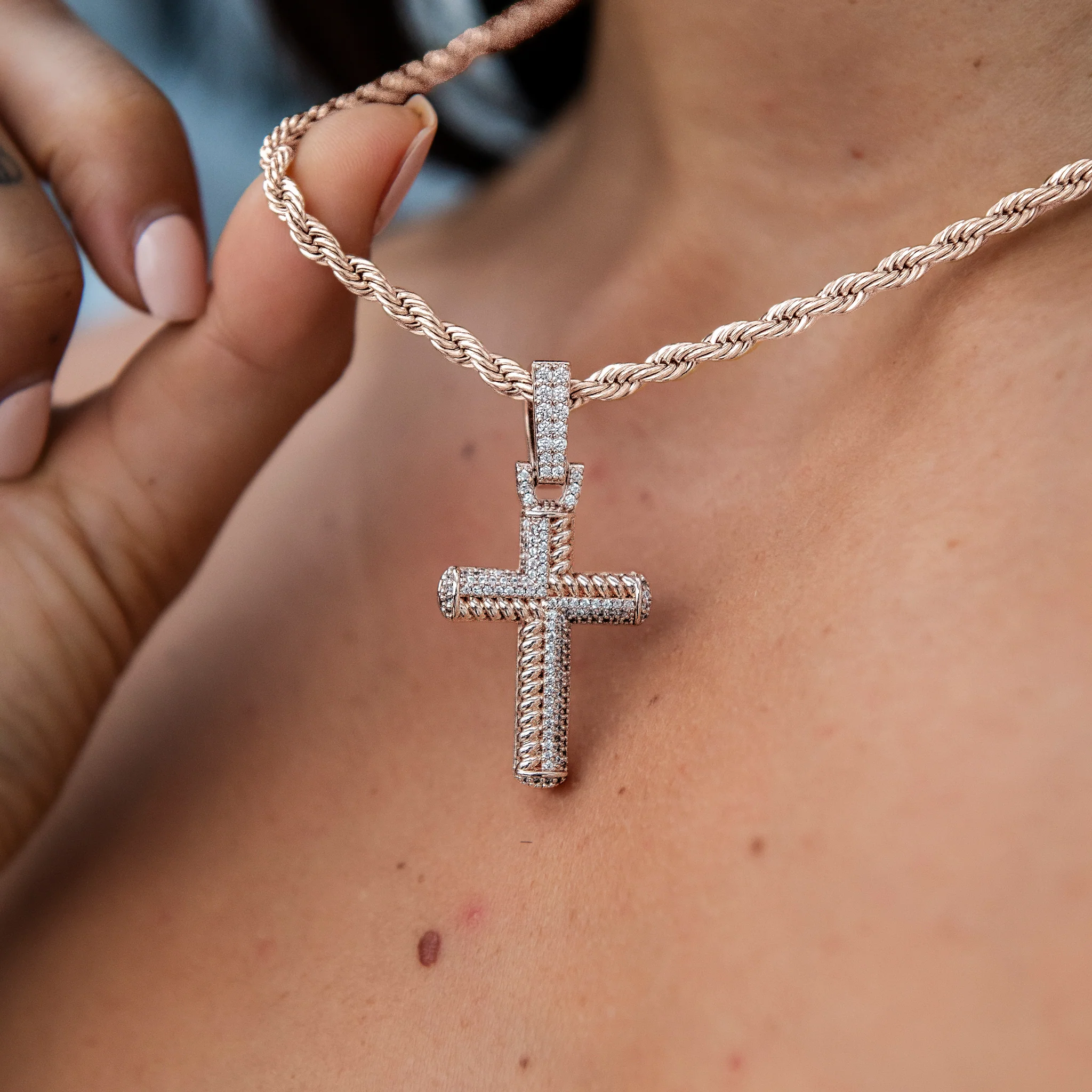 Iced Rope Mix Cross Pendant in Rose Gold