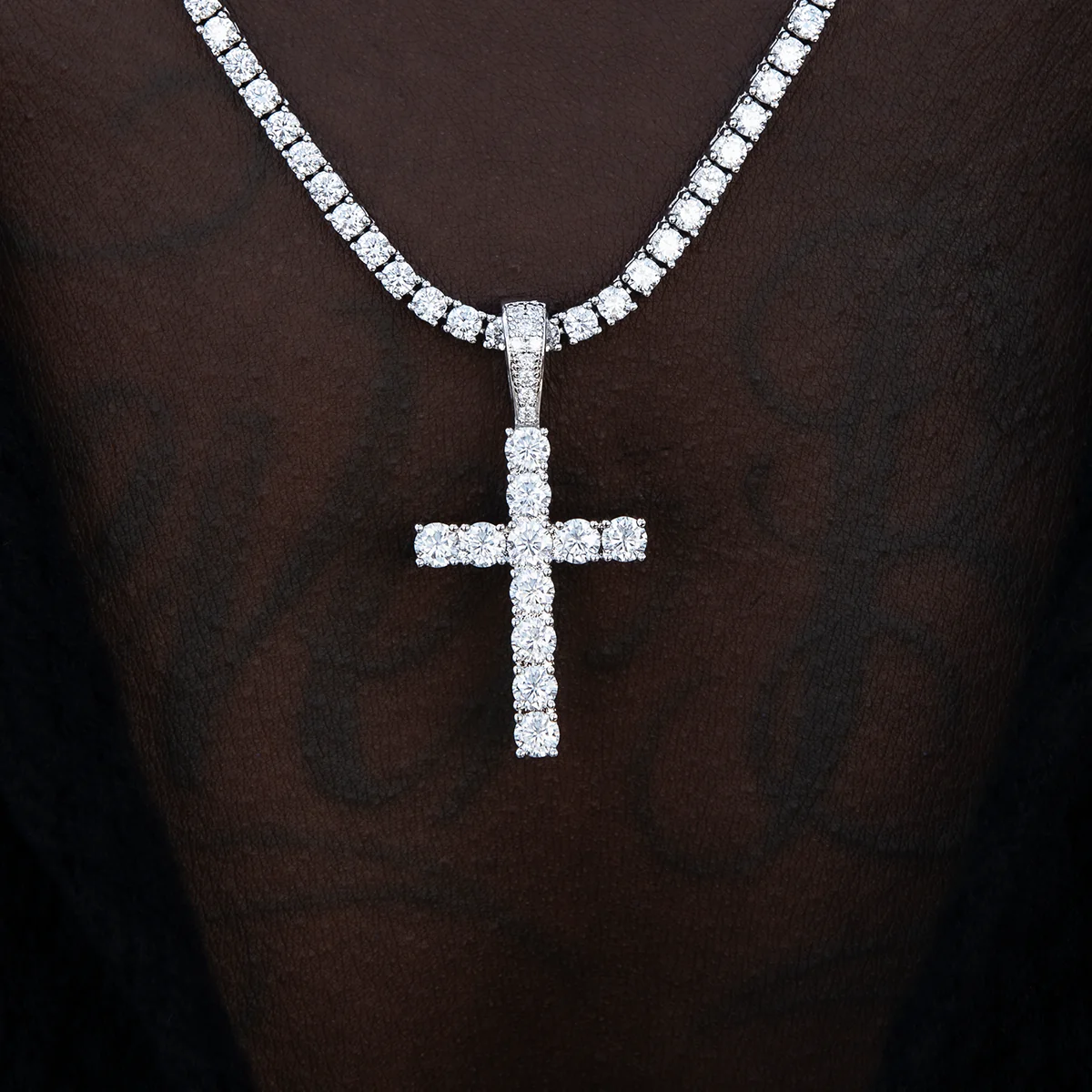 Men's Moissanite Diamond Cross Pendant in White Gold Vermeil