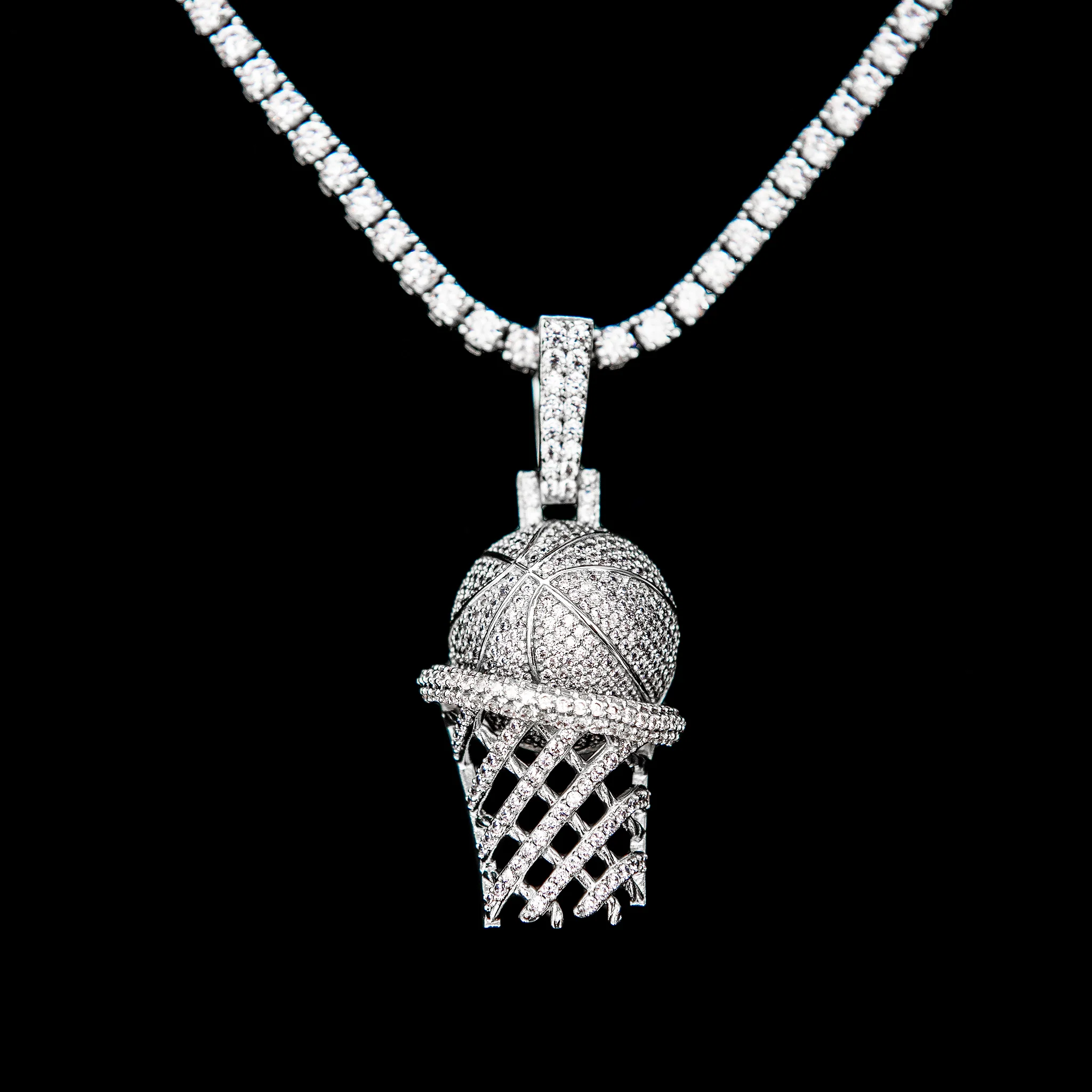 Iced Basketball Hoop Pendant in White Gold