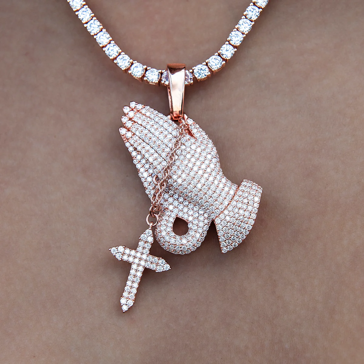 Women's Moissanite Praying Hands Pendant in Rose Gold Vermeil