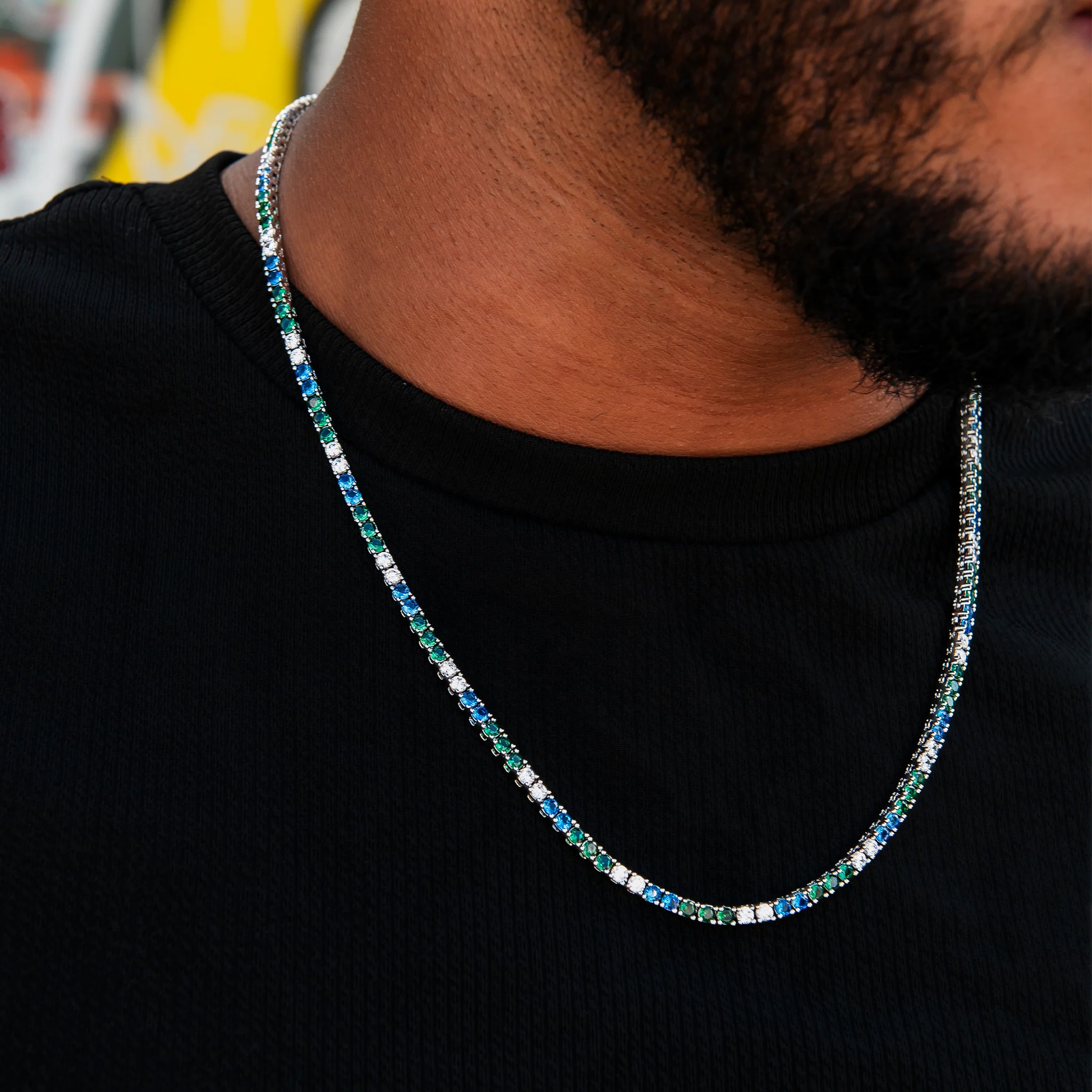 3MM Diamond Tennis Necklace - Green Royal Blue White