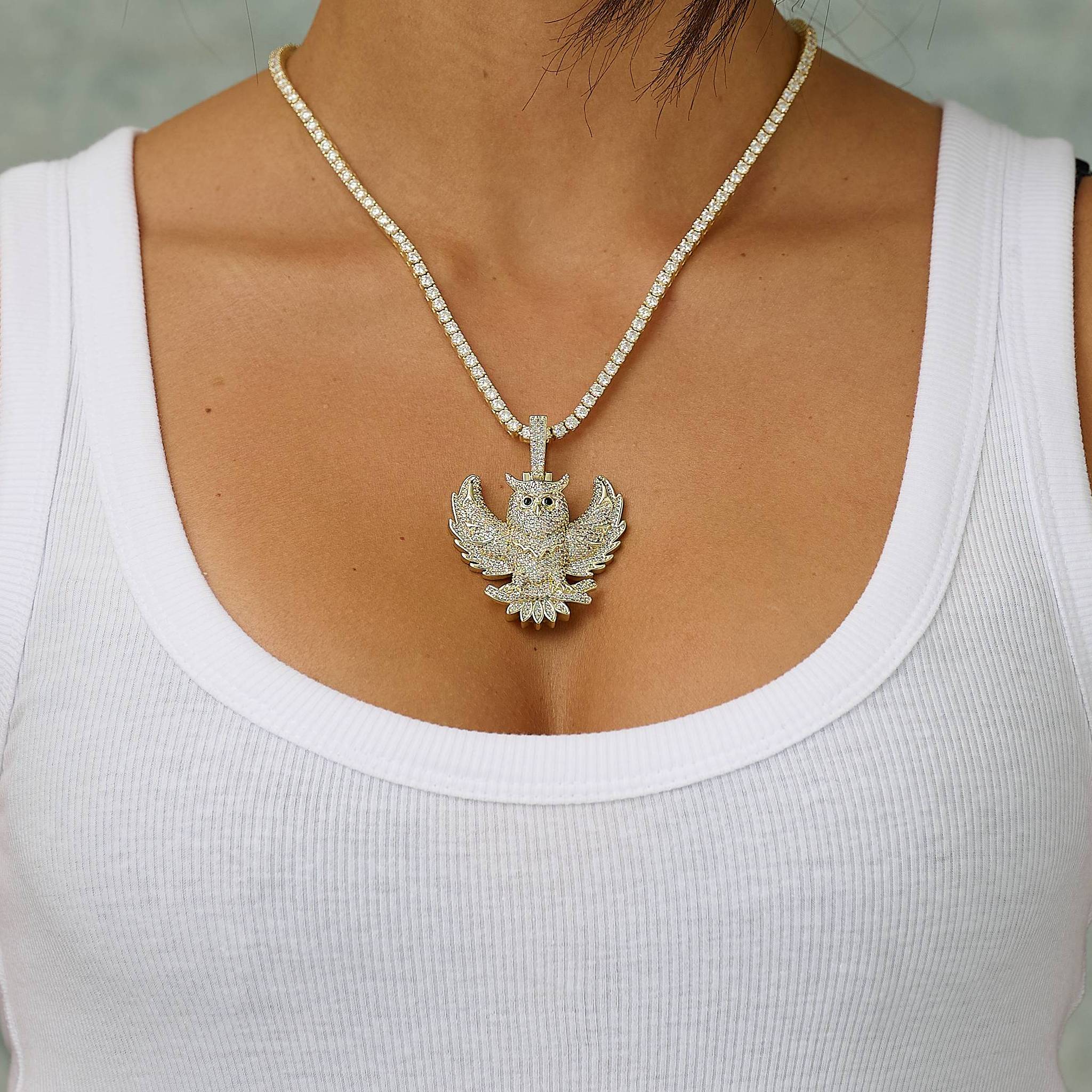 Iced Owl Pendant in Yellow Gold