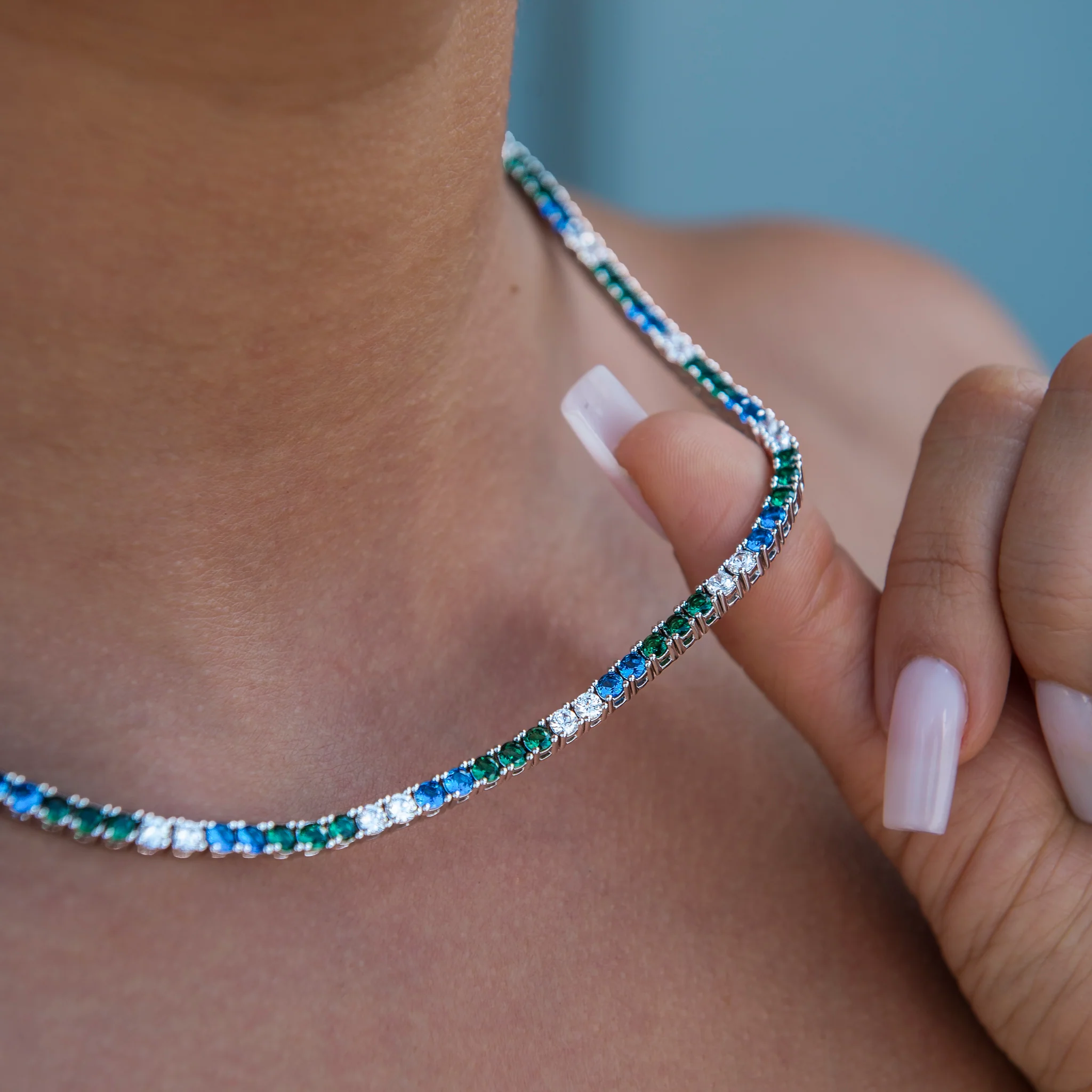 3MM Diamond Tennis Necklace - Green Royal Blue White