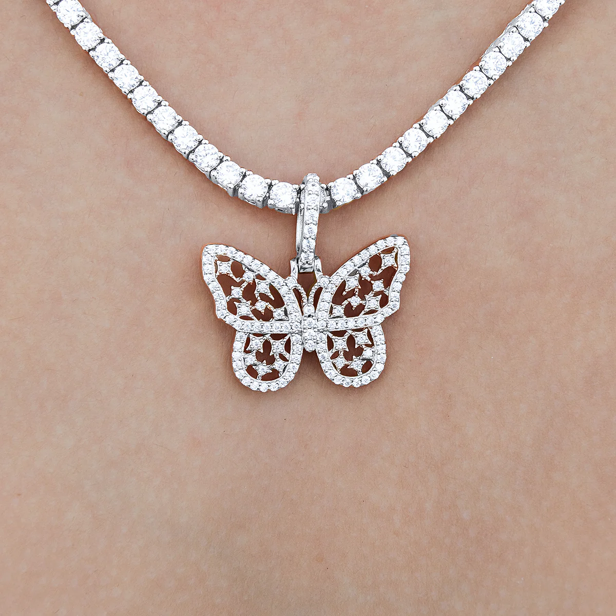 Women's Moissanite Small Butterfly Pendant in White Gold Vermeil