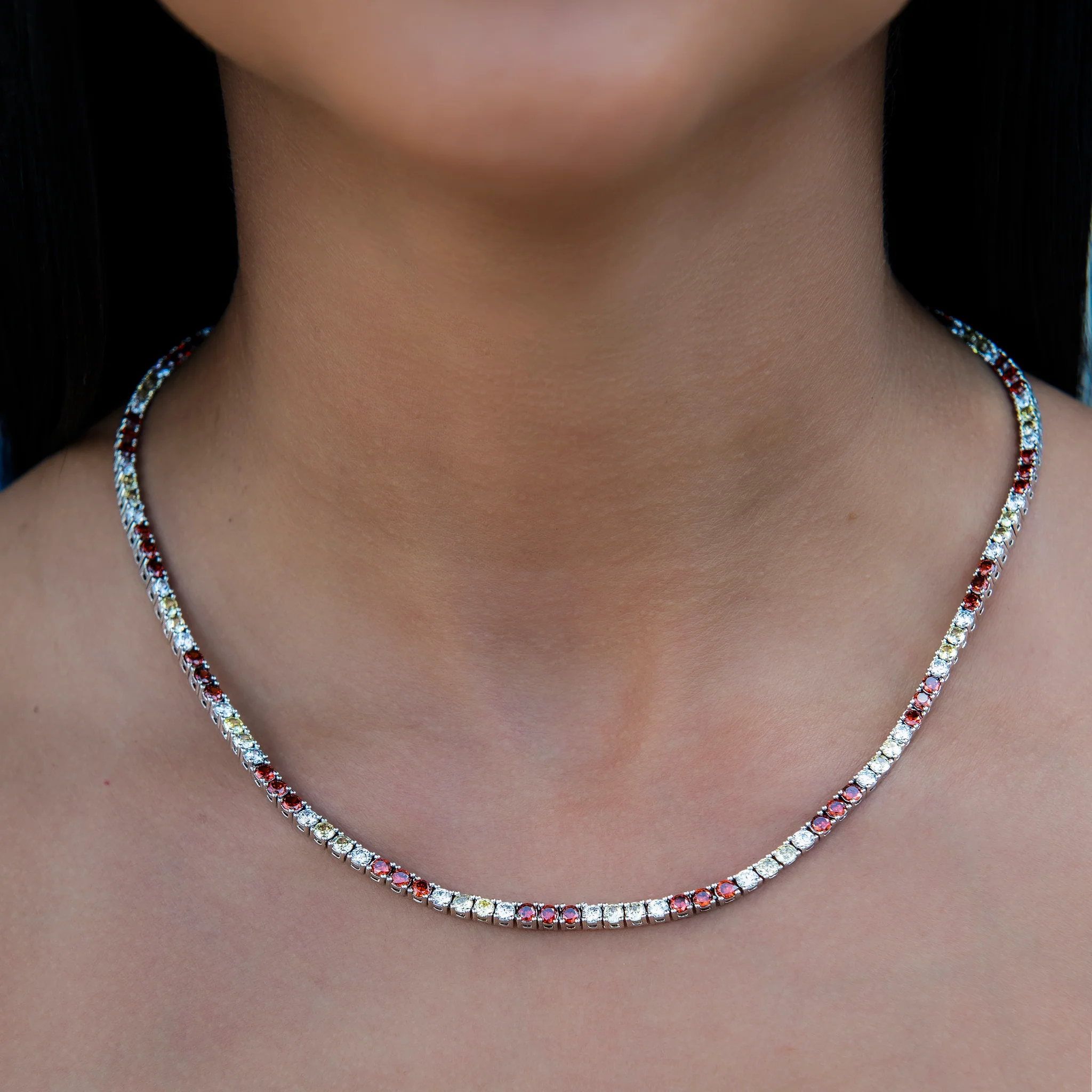 3MM Diamond Tennis Necklace - Red Yellow White