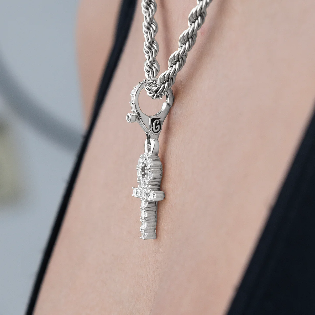 Micro Ankh Cross Clip On Charm  Pendant in White Gold