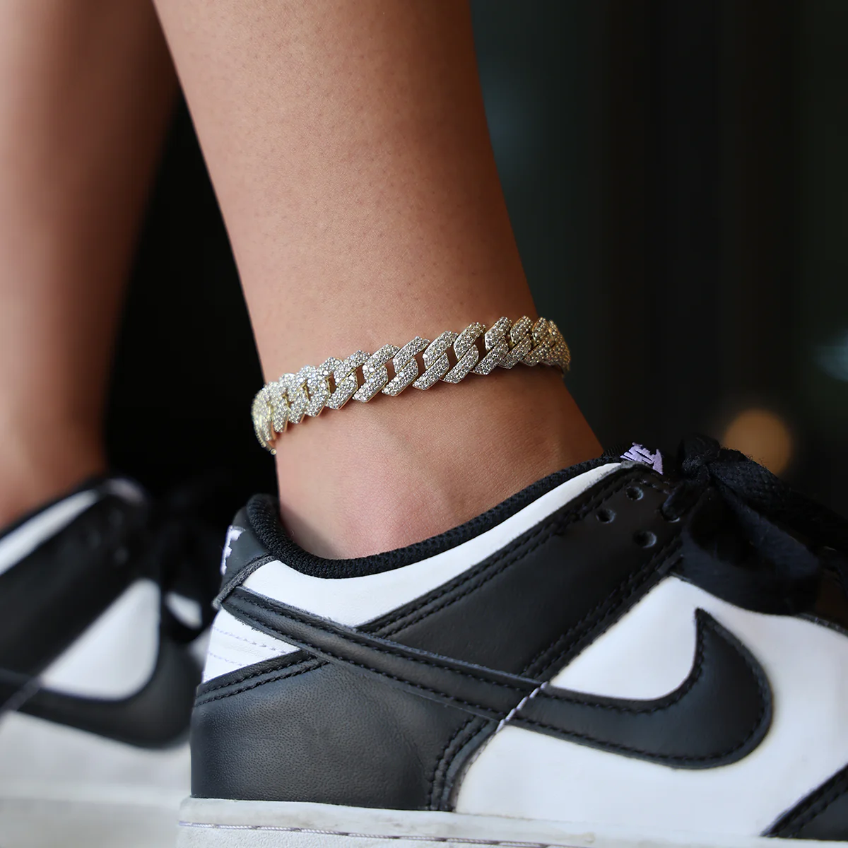 Diamond Prong Cuban Anklet in Yellow Gold- 12mm