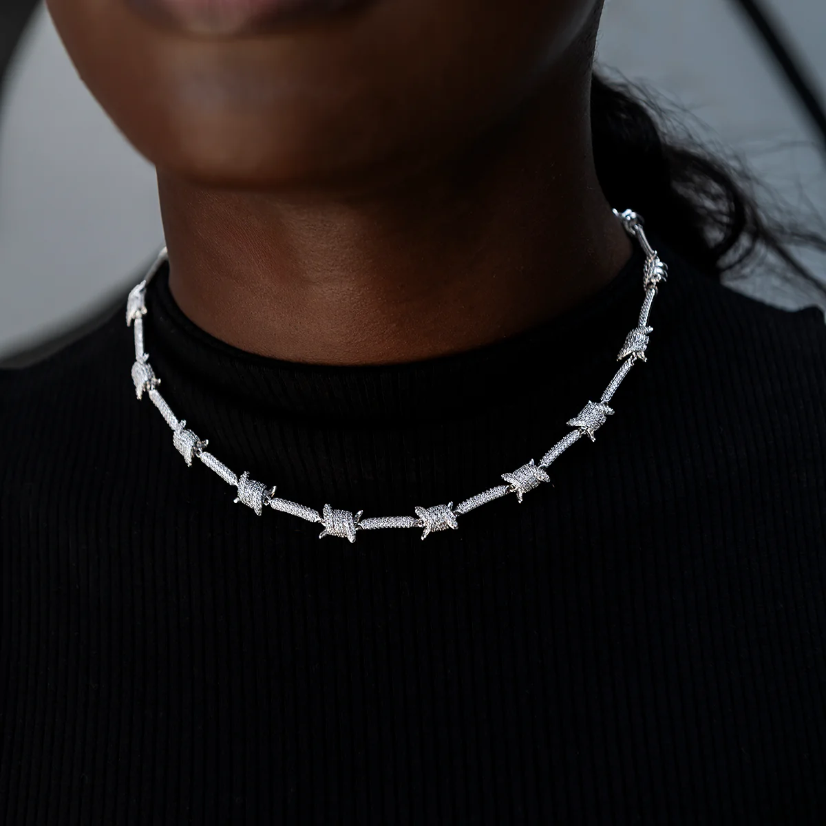 Iced Barbed Wire Necklace + Bracelet Bundle in White Gold