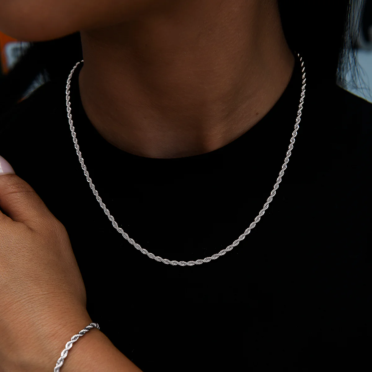 2mm Rope Necklace + Bracelet + 5mm Round Cut Stud Earring Bundle in White Gold