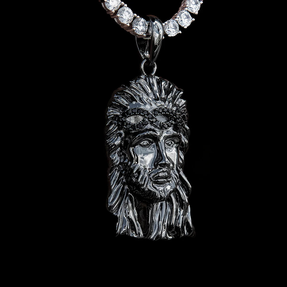 Large Diamond Crown Portrait of Jesus Pendant in Black Rhodium