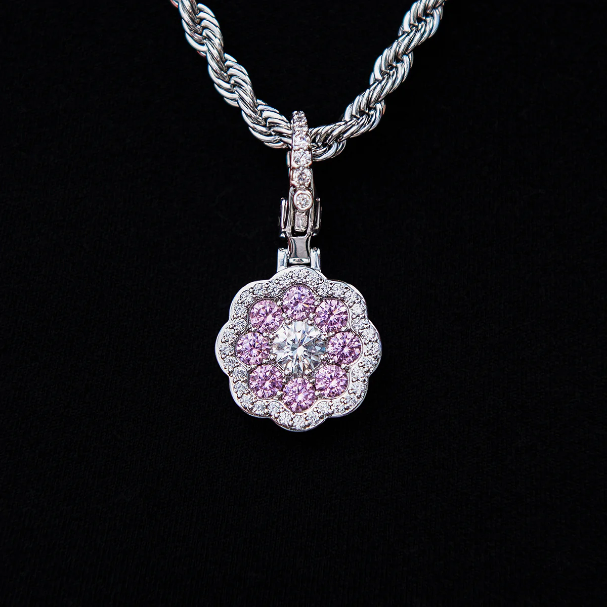 Pink Flower Stone Clip On Pendant - White Gold