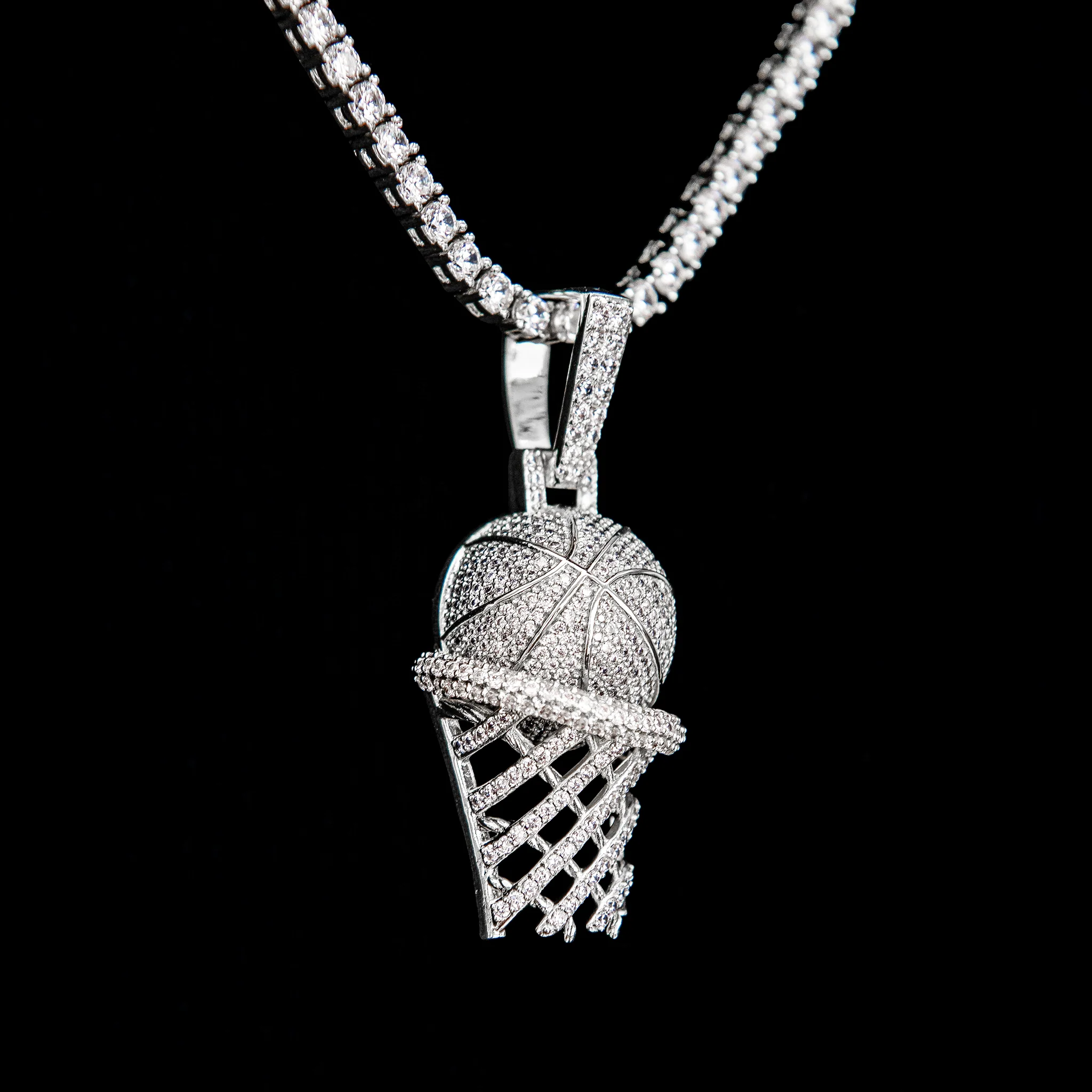 Iced Basketball Hoop Pendant in White Gold