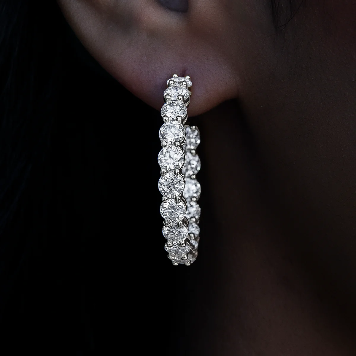 Women's 4MM Moissanite Eternity Hoop Earrings in White Gold Vermeil