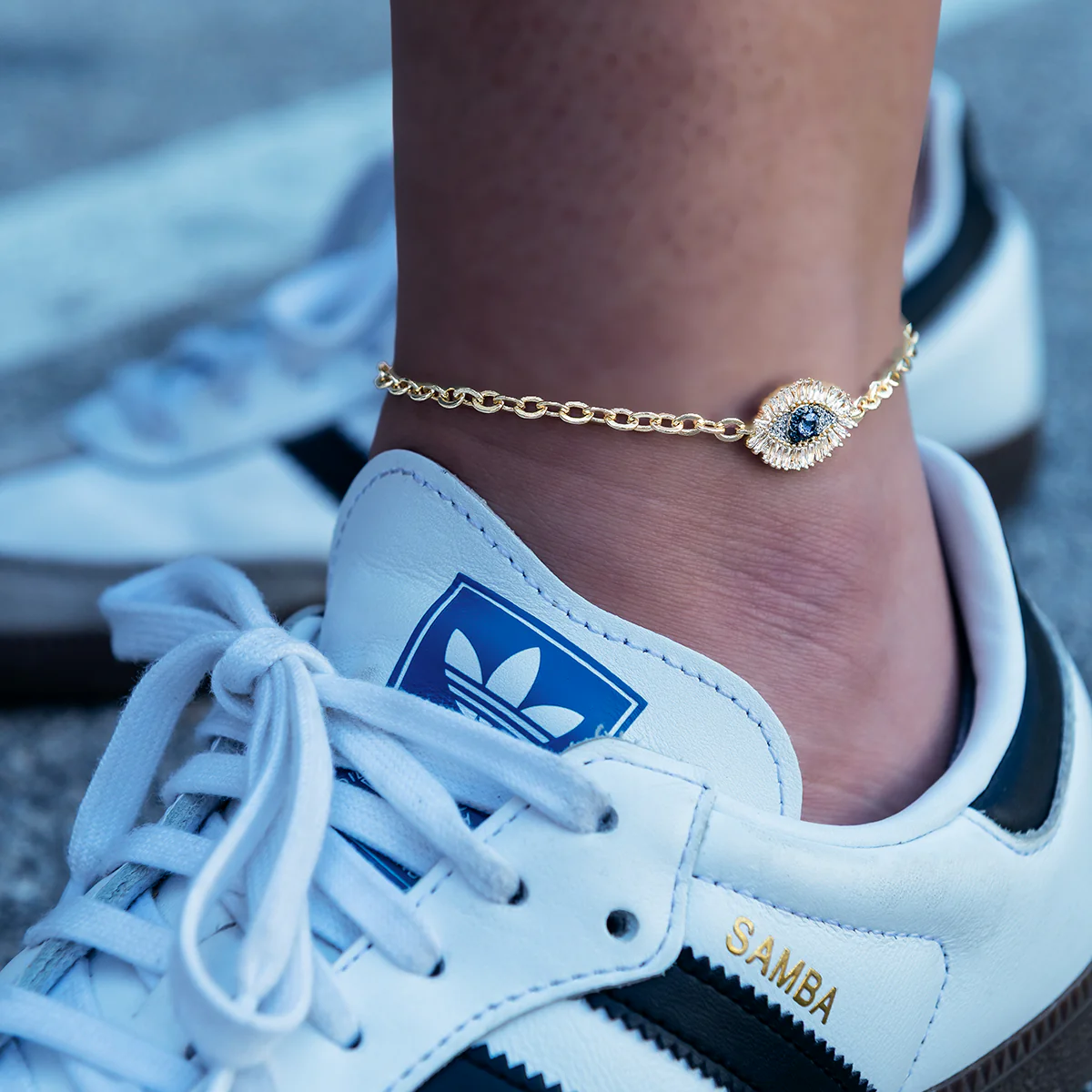 Iced Blue Evil Eye Anklet in Yellow Gold