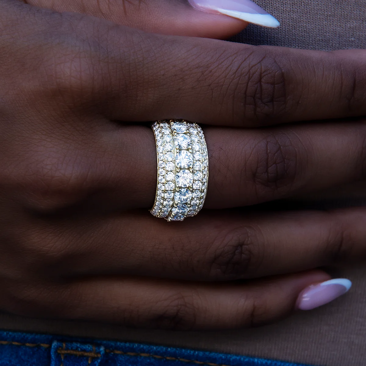 Women's 5 Layer Moissanite Diamond Band Ring in Yellow Gold Vermeil