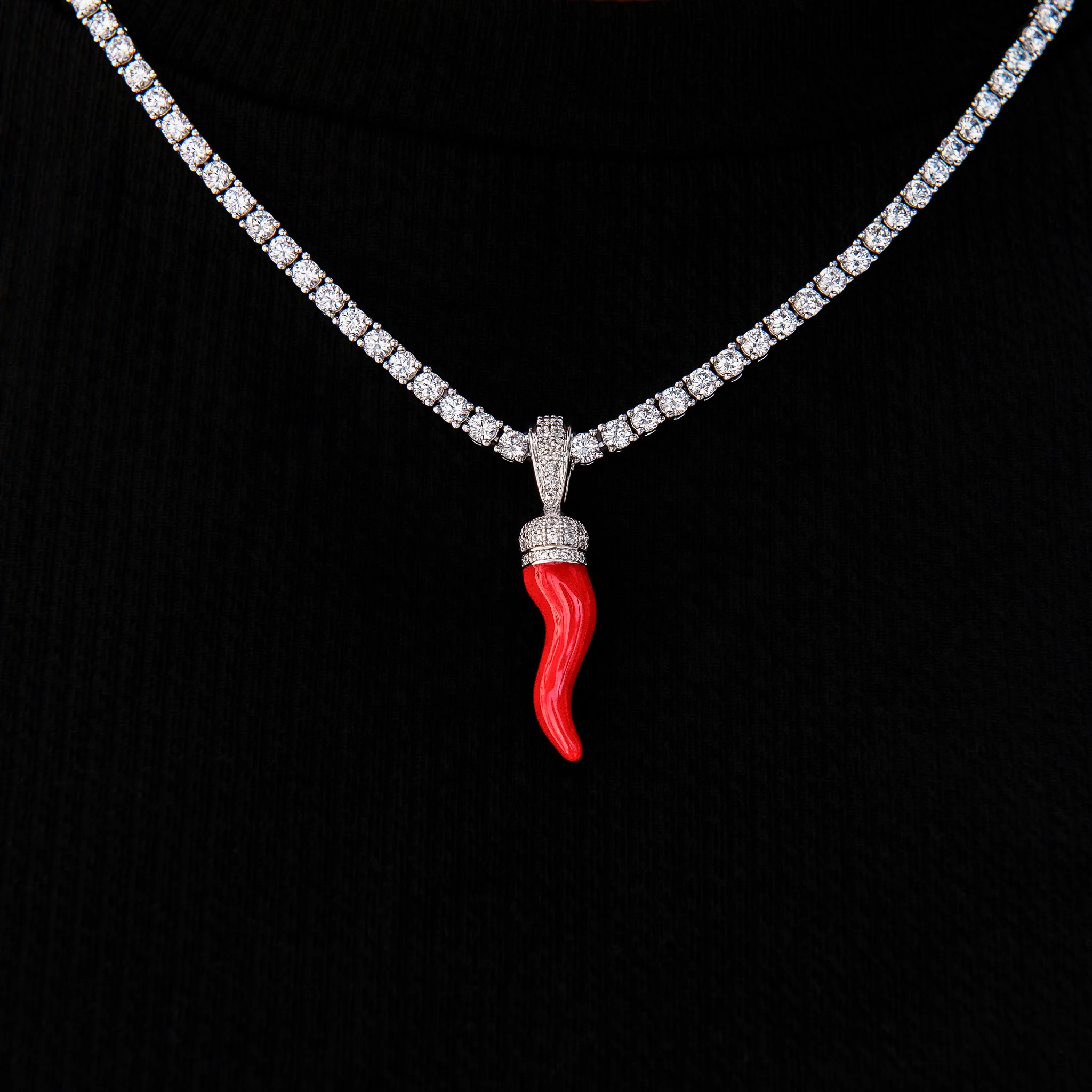 Iced Red Italian Horn Pendant in White Gold