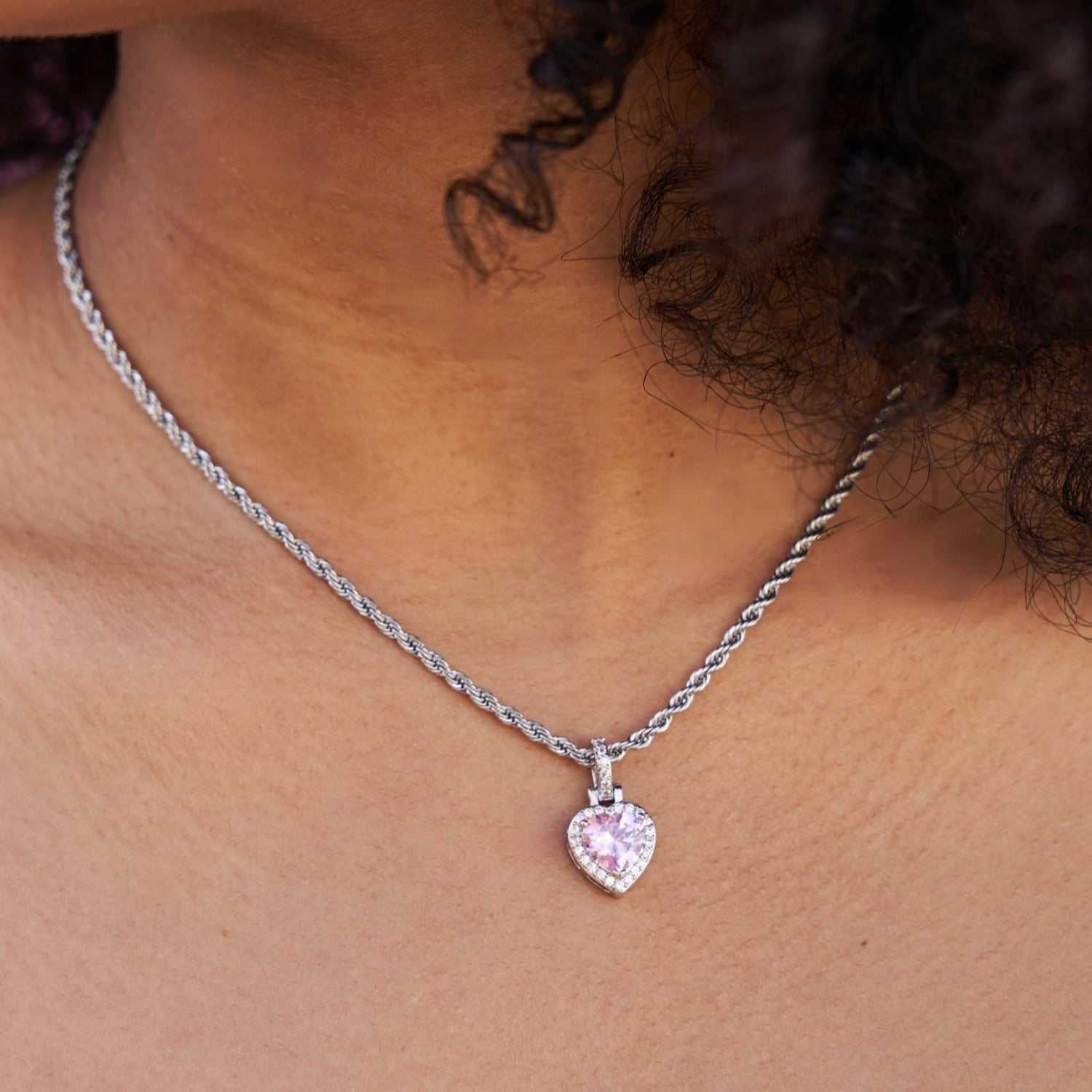 Micro Iced Pink Heart Pendant in White Gold