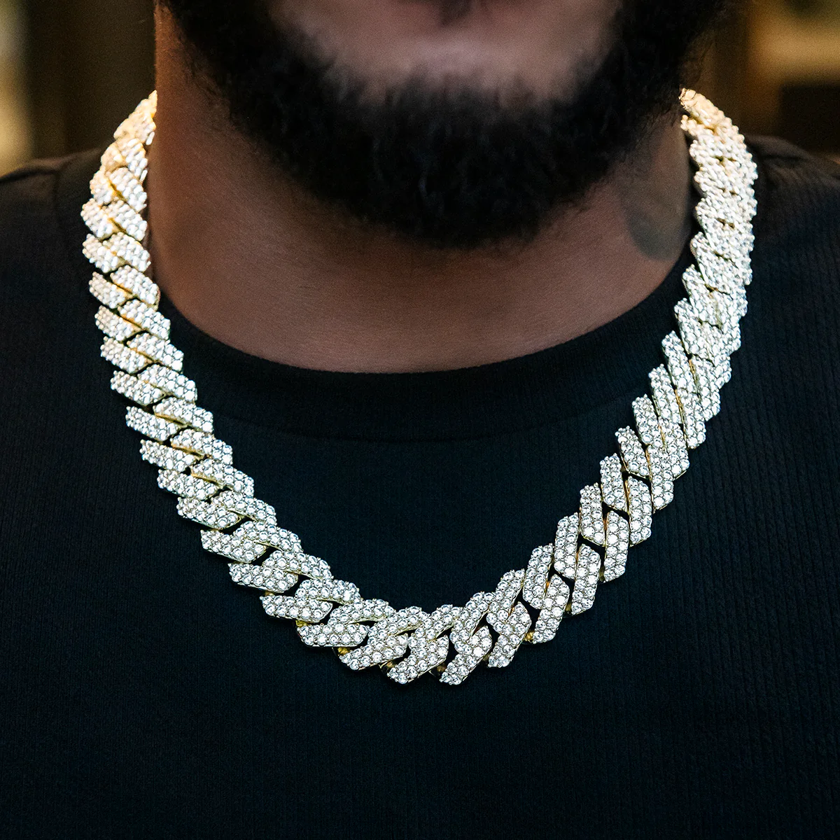 Diamond Prong Cuban Chain in Yellow Gold - 19mm