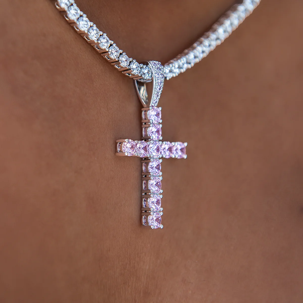 Pink Stone Diamond Cross Pendant in White Gold