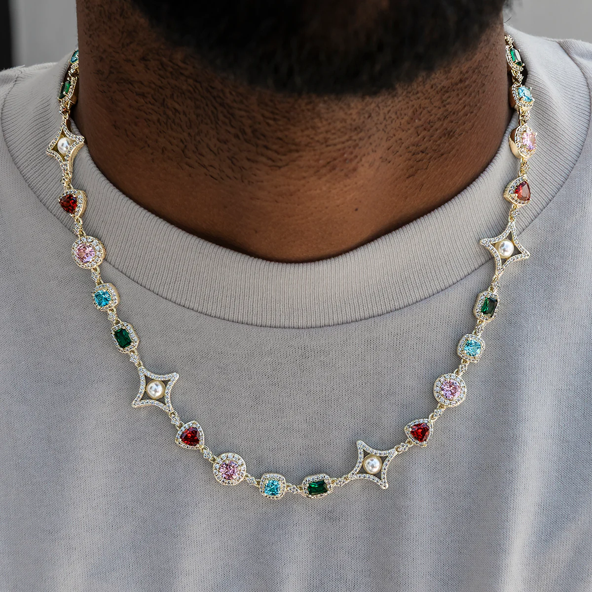 Colored Gemstone Pearl Chain in Yellow Gold