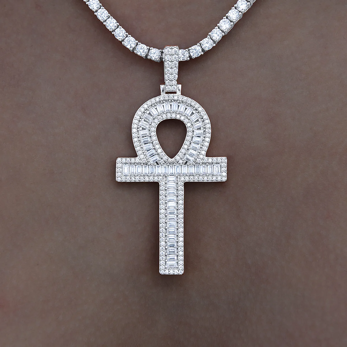 Women's Moissanite Ankh Cross Pendant in White Gold Vermeil