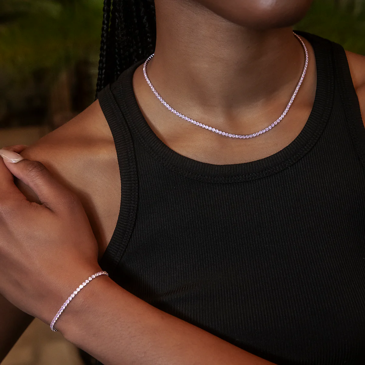 Pink Diamond Micro Tennis Necklace + Bracelet Bundle in White Gold