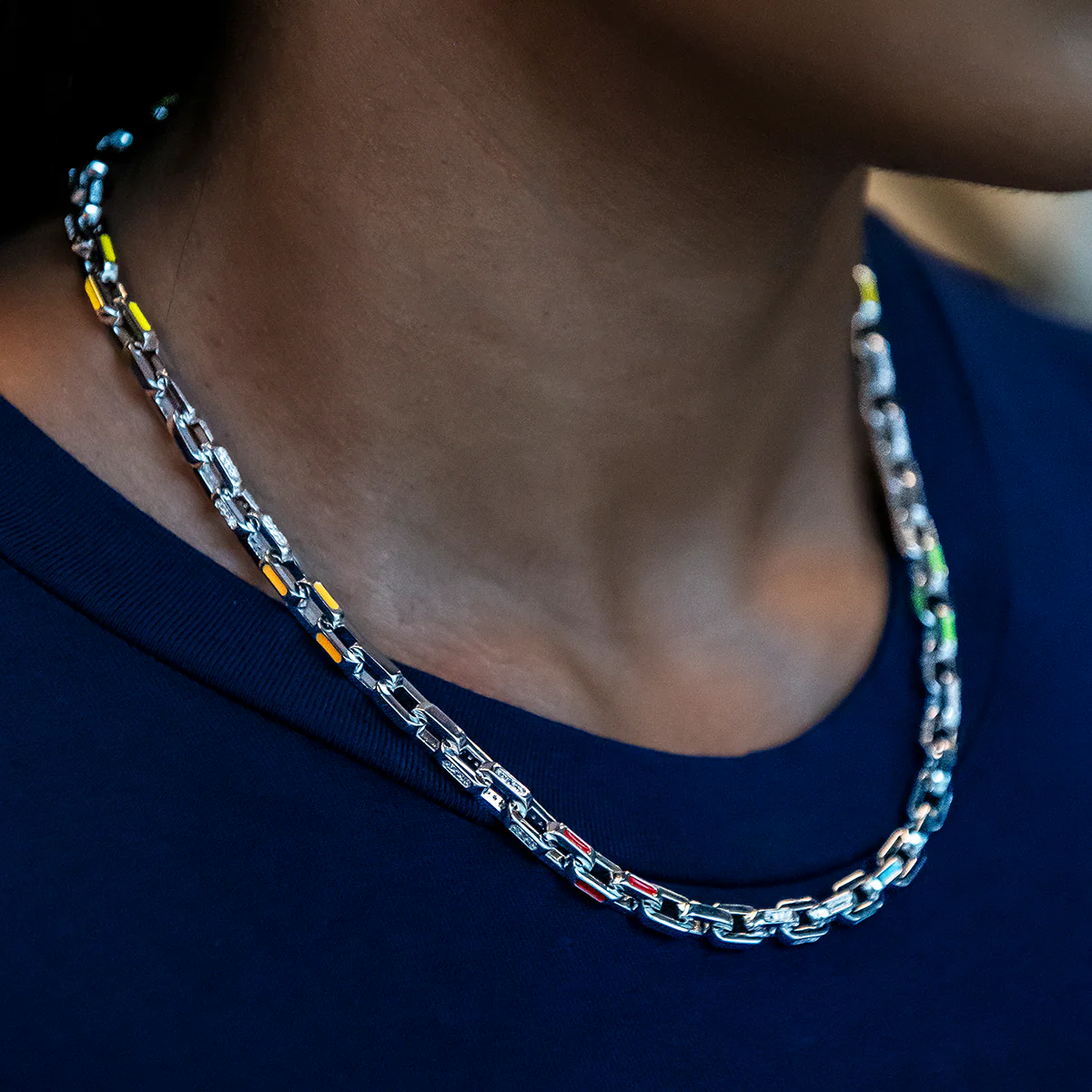Enamel Box Chain Necklace - White Gold