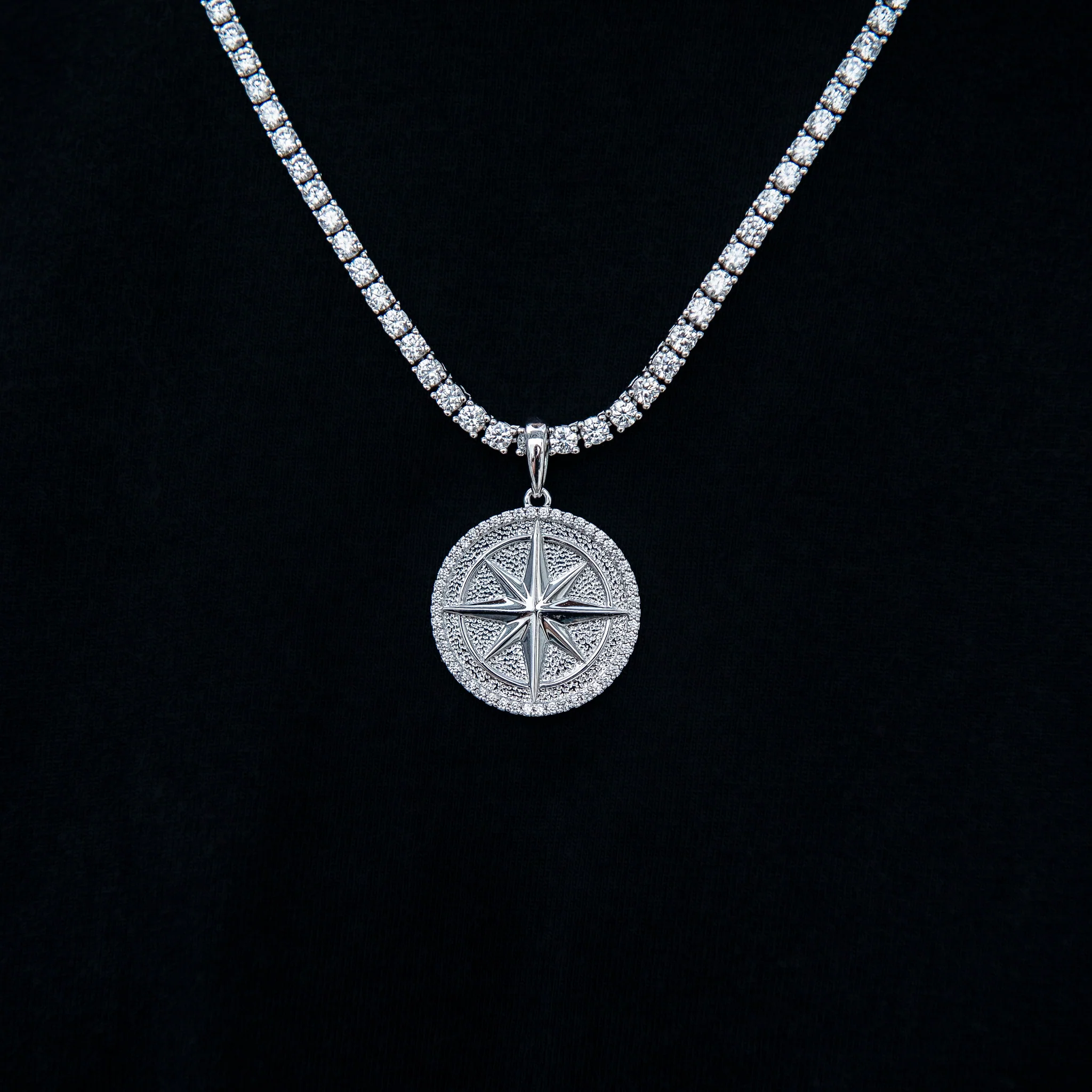 Compass Coin Pendant in White Gold