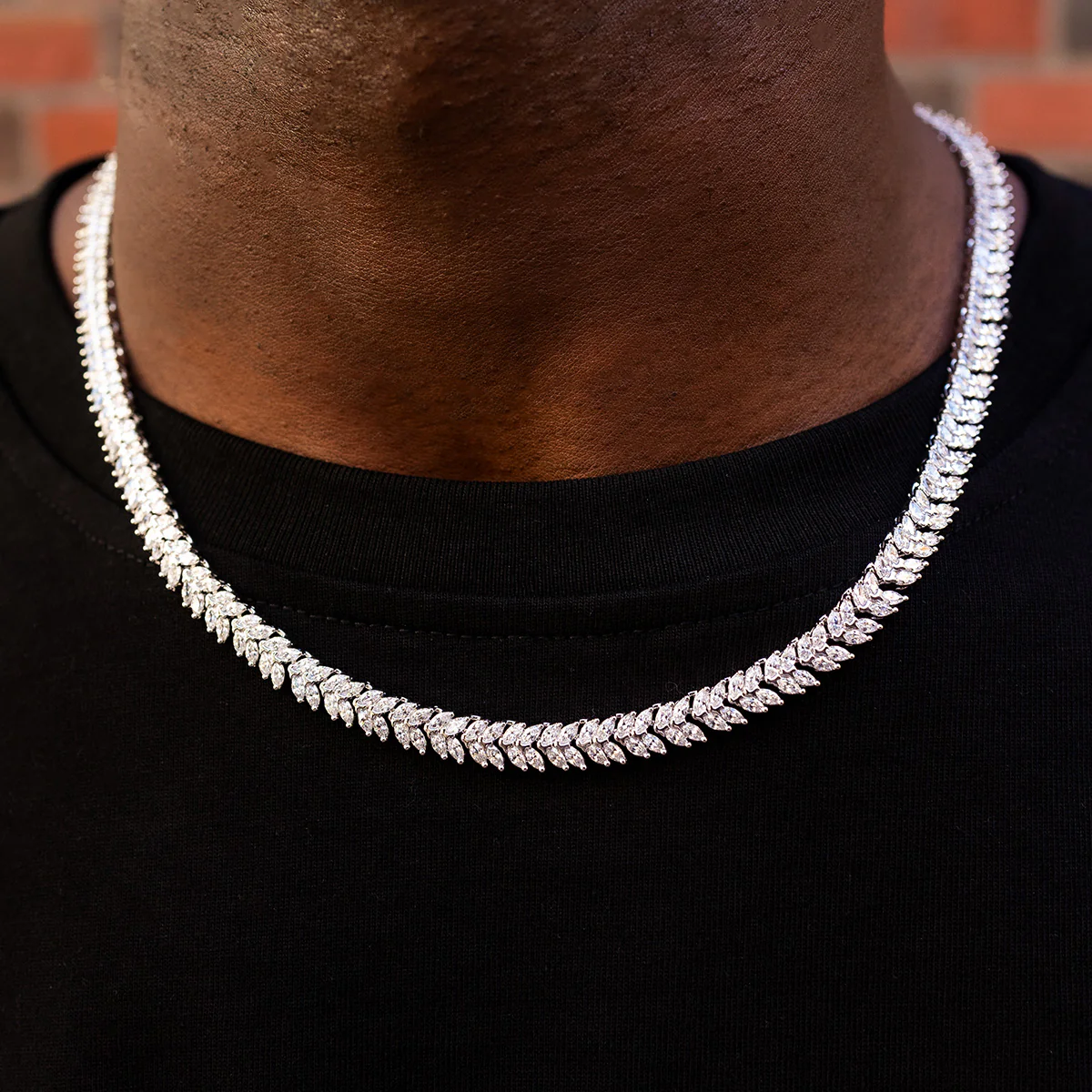 Iced Herringbone Chain in White Gold- 7mm