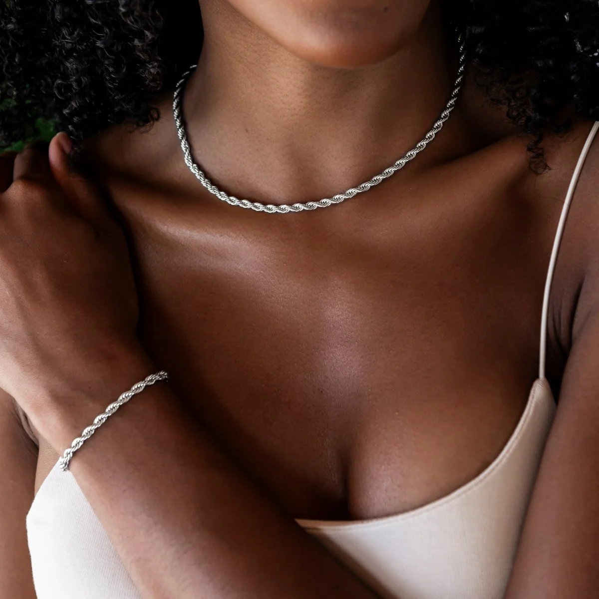 Rope Necklace + Bracelet Bundle in White Gold- 4mm