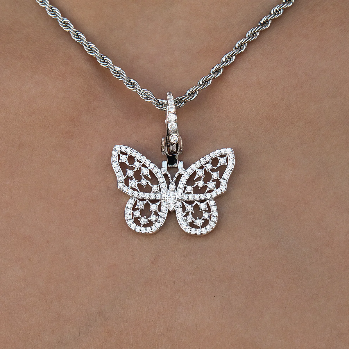 Diamond Butterfly Clip On Charm Pendant in White Gold