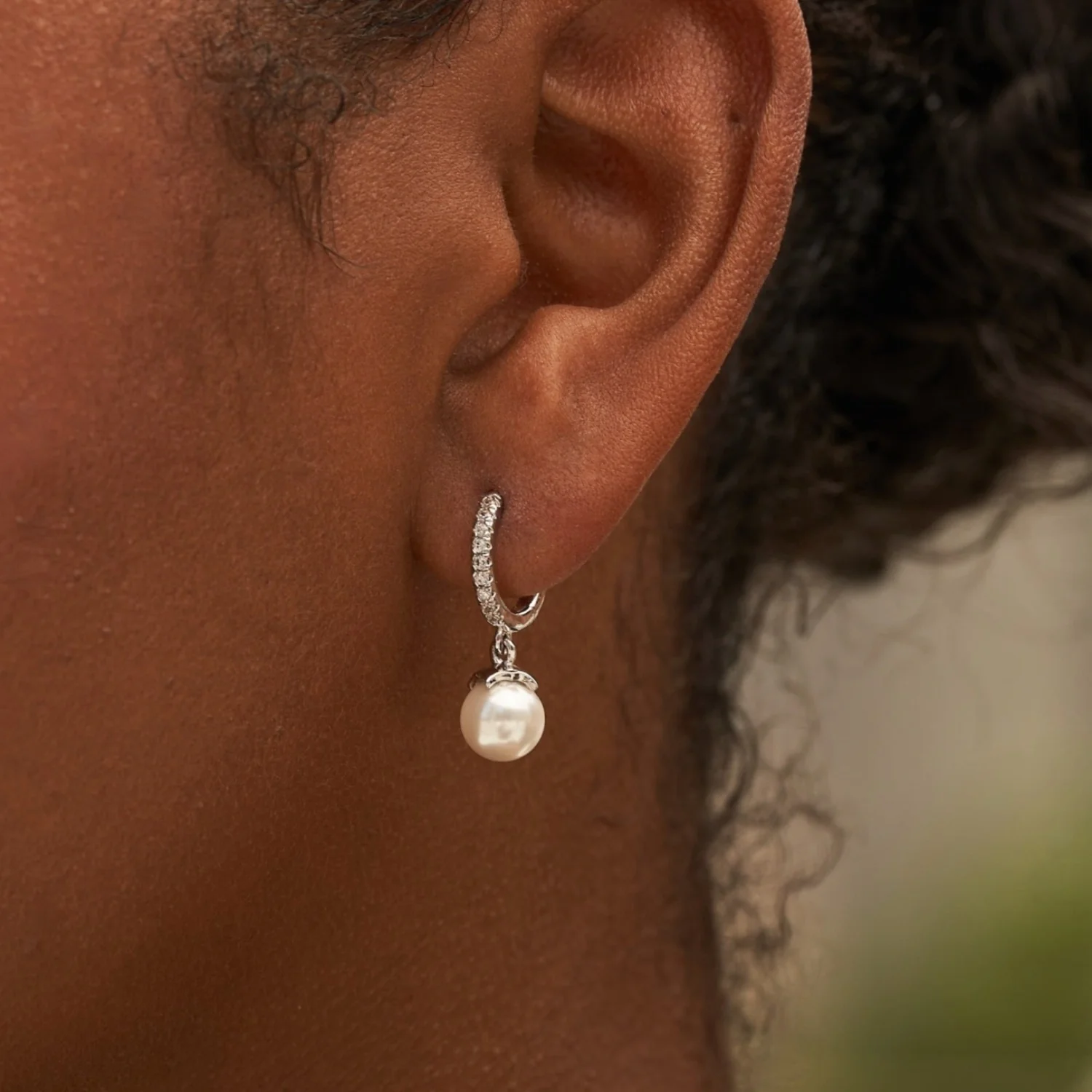 Pave Extra Small Huggie Hoop Pearl Drop Earrings in White Gold