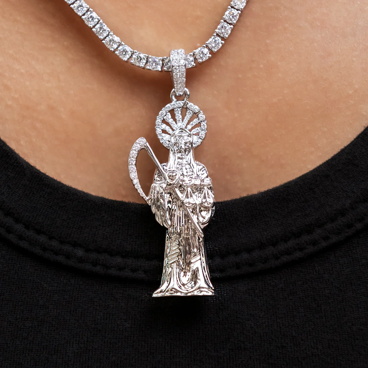 Iced Grim Reaper Pendant in White Gold