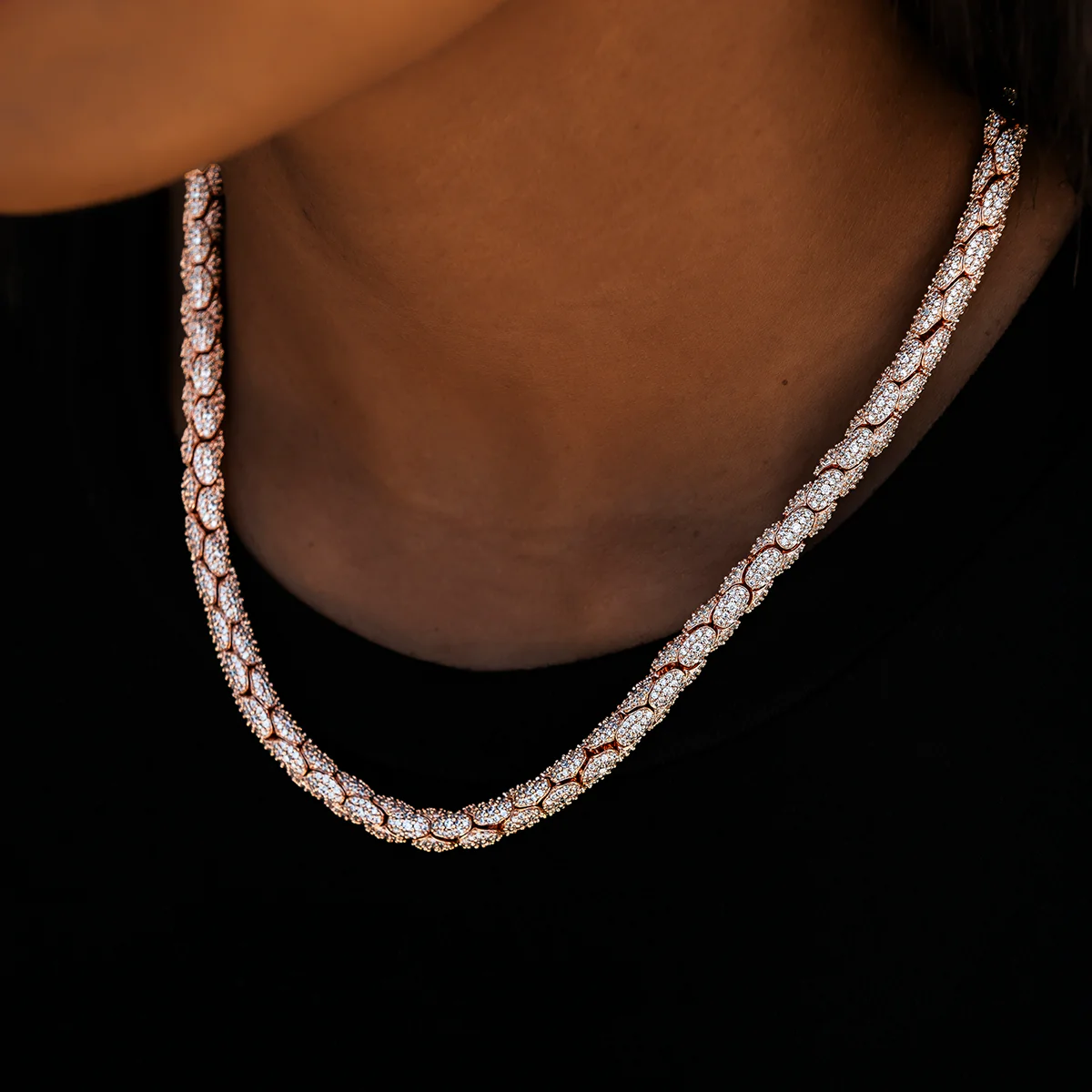 Diamond Pave Snake Link Necklace in Rose Gold- 6mm