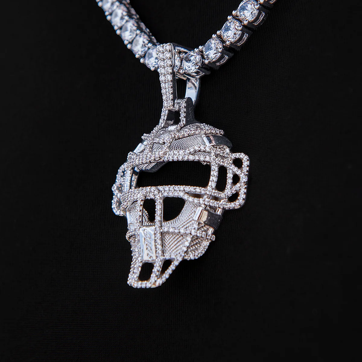 Iced Catchers Mask Baseball Pendant in White Gold