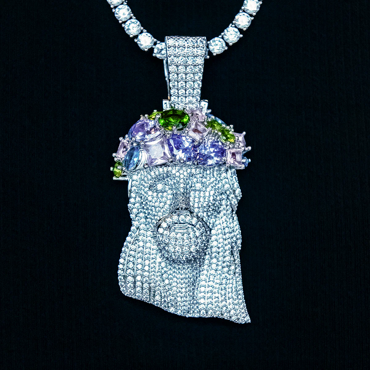 Large Diamond Portrait of Jesus Royal Stones Pendant - White Gold