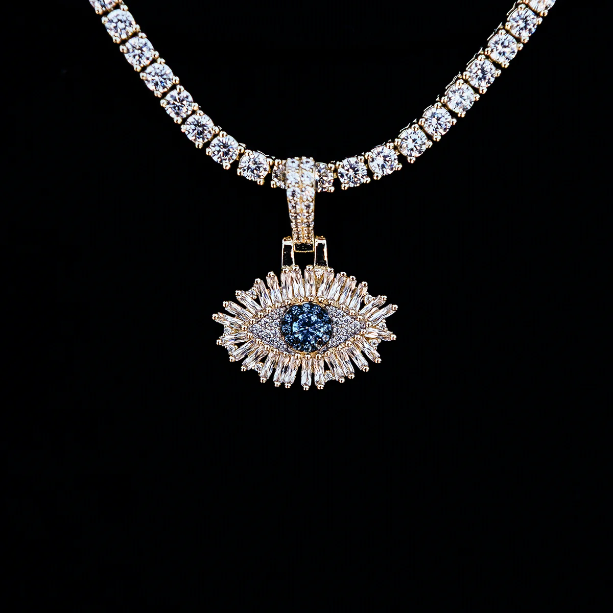 Iced Evil Eye Micro Pendant in Yellow Gold