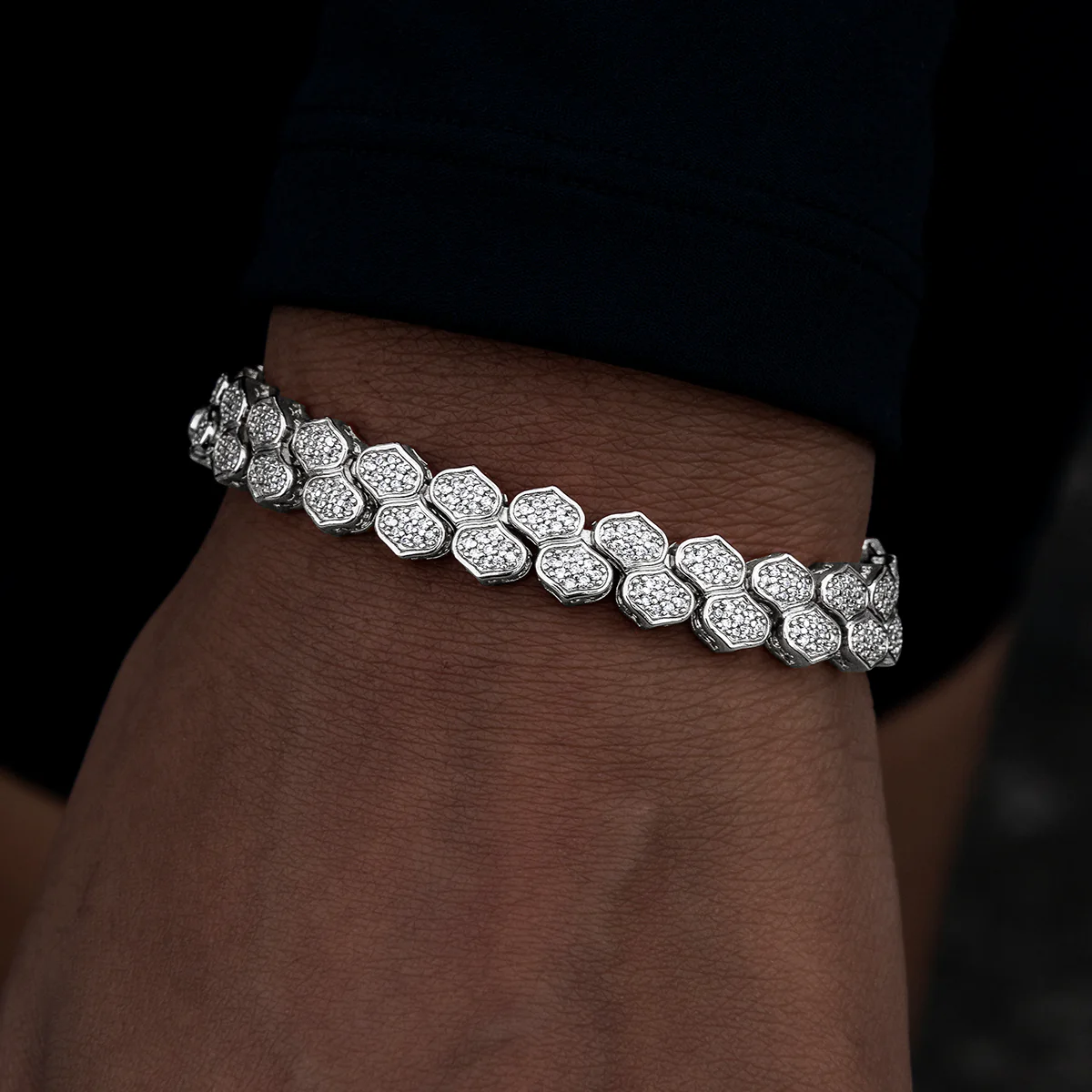 Diamond Pave Flat Snake Link Bracelet in White Gold-4mm