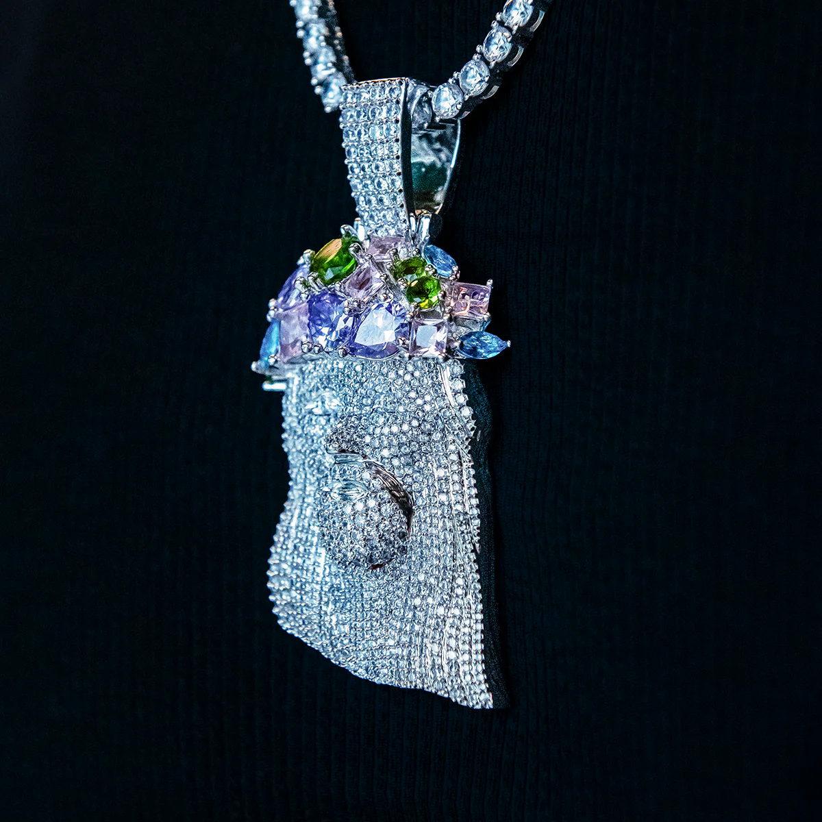 Large Diamond Portrait of Jesus Royal Stones Pendant - White Gold