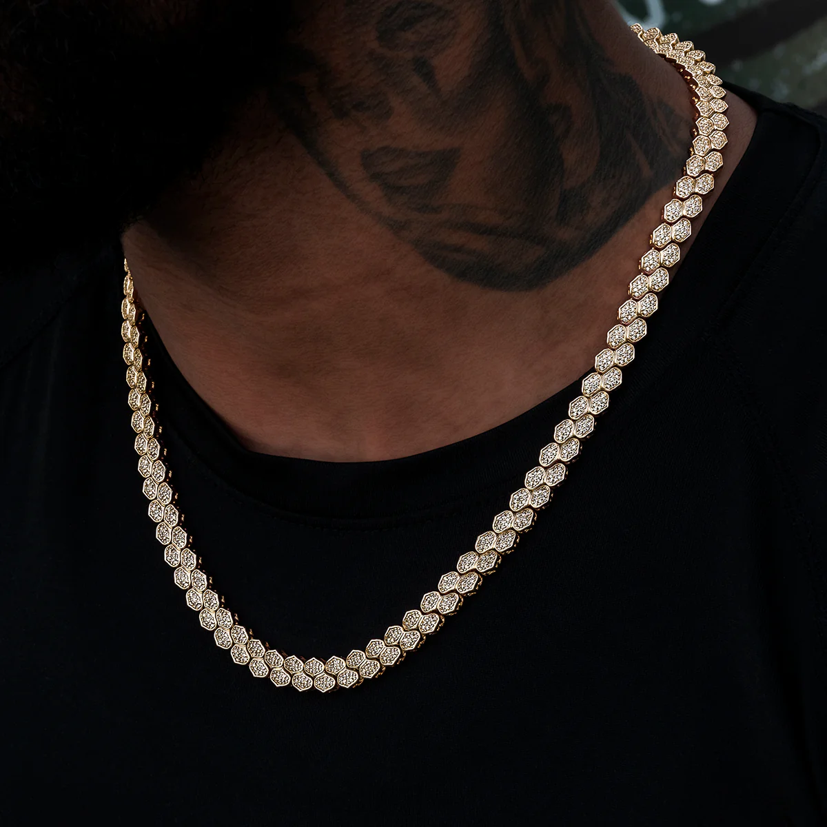 Diamond Pave Flat Snake Link Chain in Yellow Gold-4mm