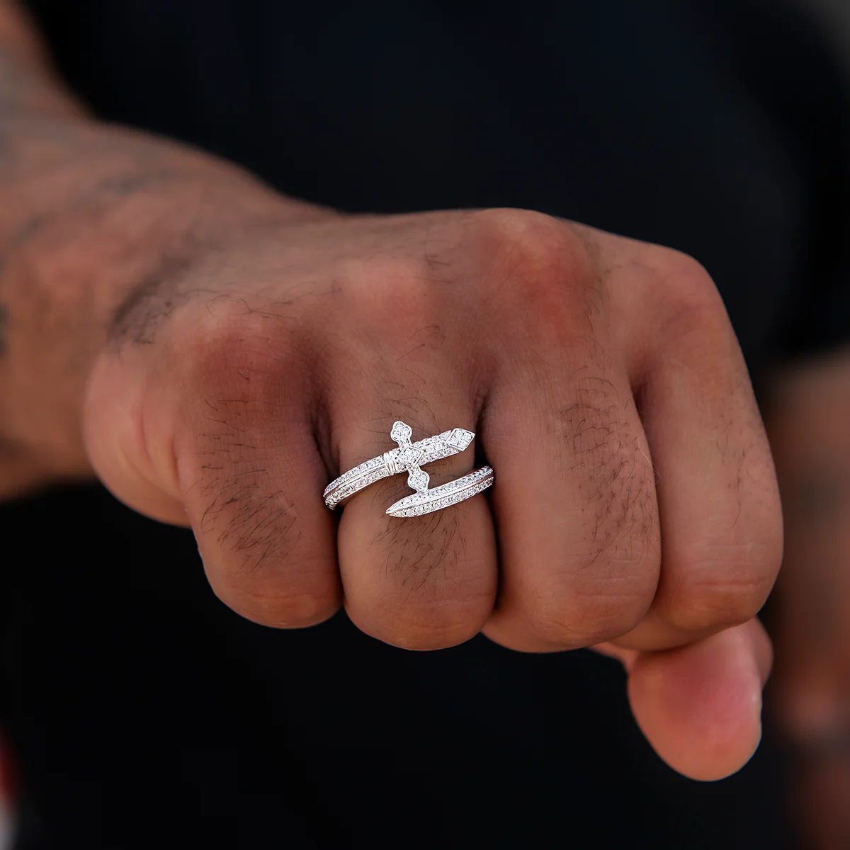 Diamond Sword Ring in White Gold Vermeil