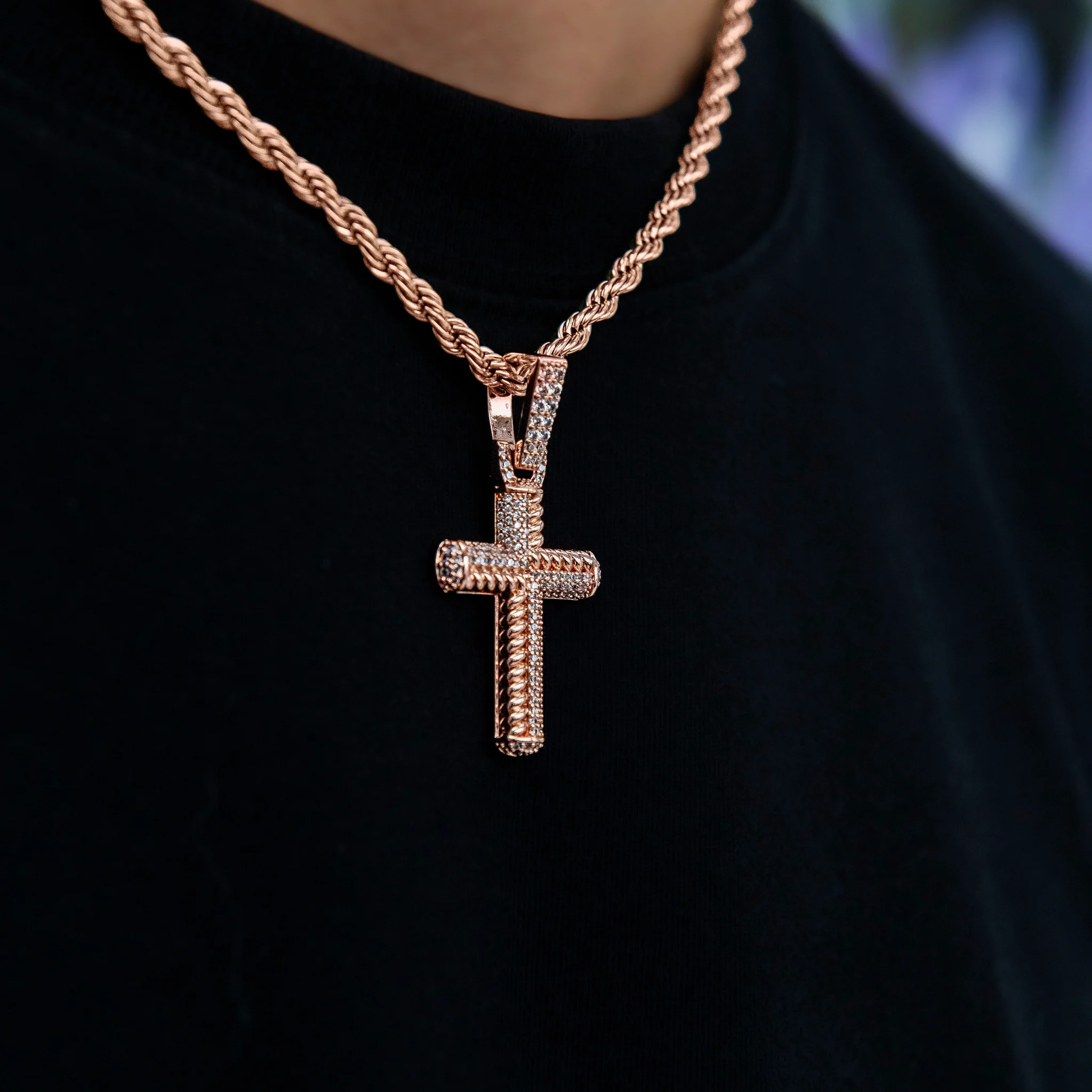 Iced Rope Mix Cross Pendant in Rose Gold
