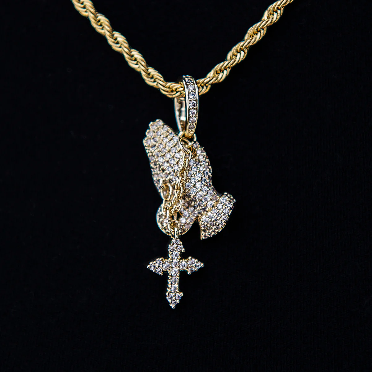 Micro Iced Praying Hands with Cross Pendant in Yellow Gold