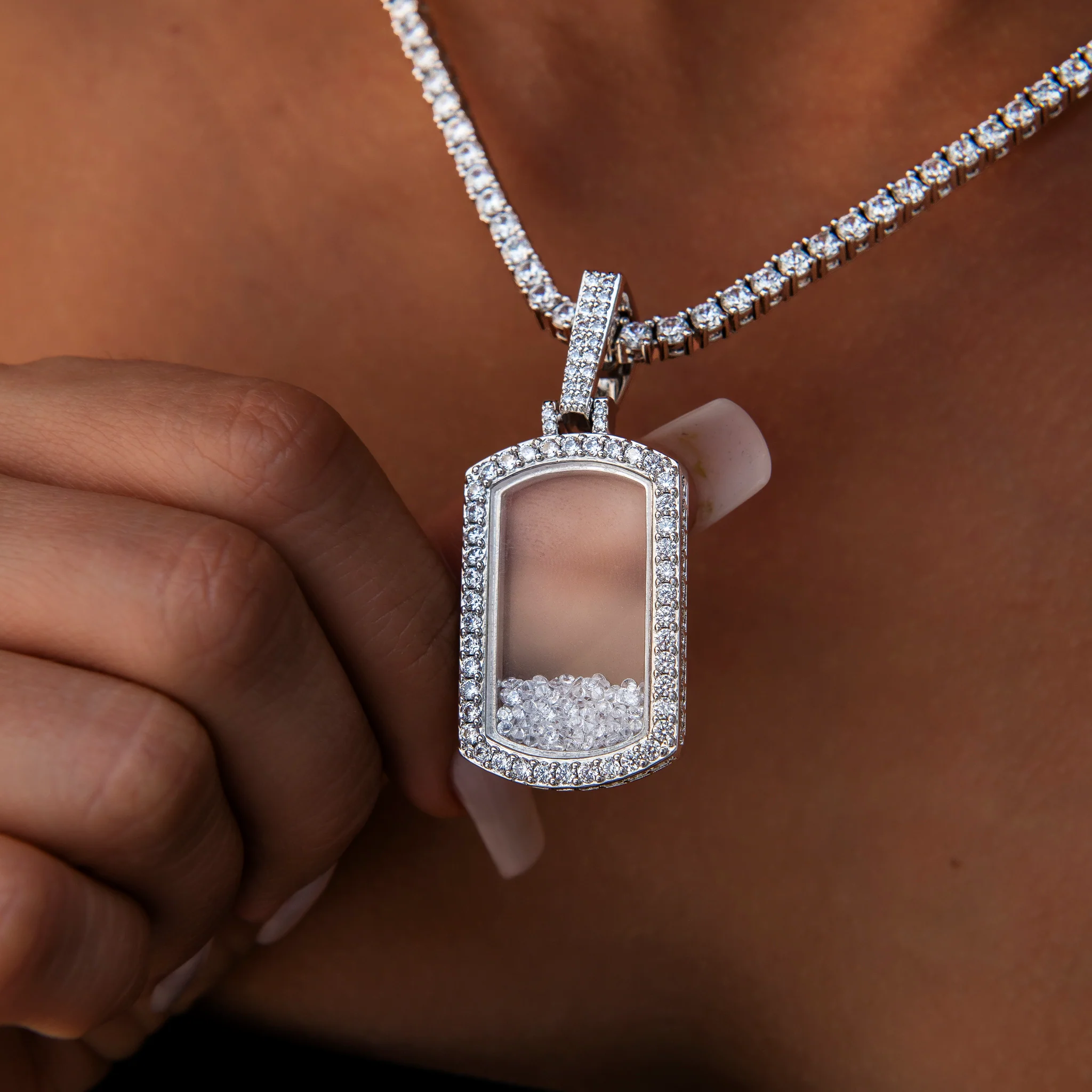 Loose Diamond Dog Tag Pendant in White Gold