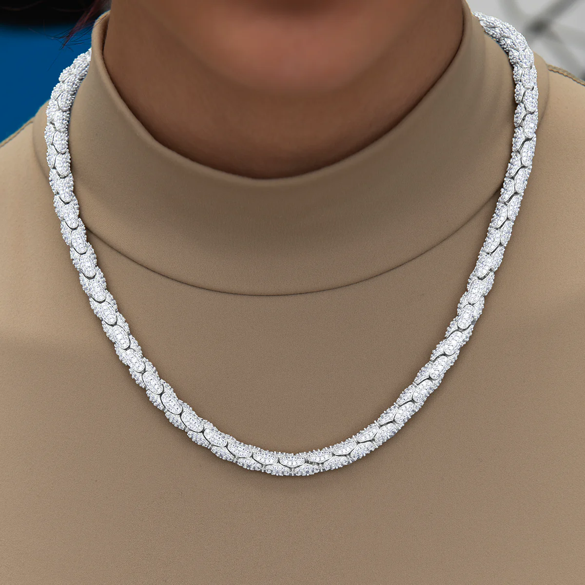 Diamond Pave Snake Link Necklace + Bracelet Bundle in White Gold- 6mm