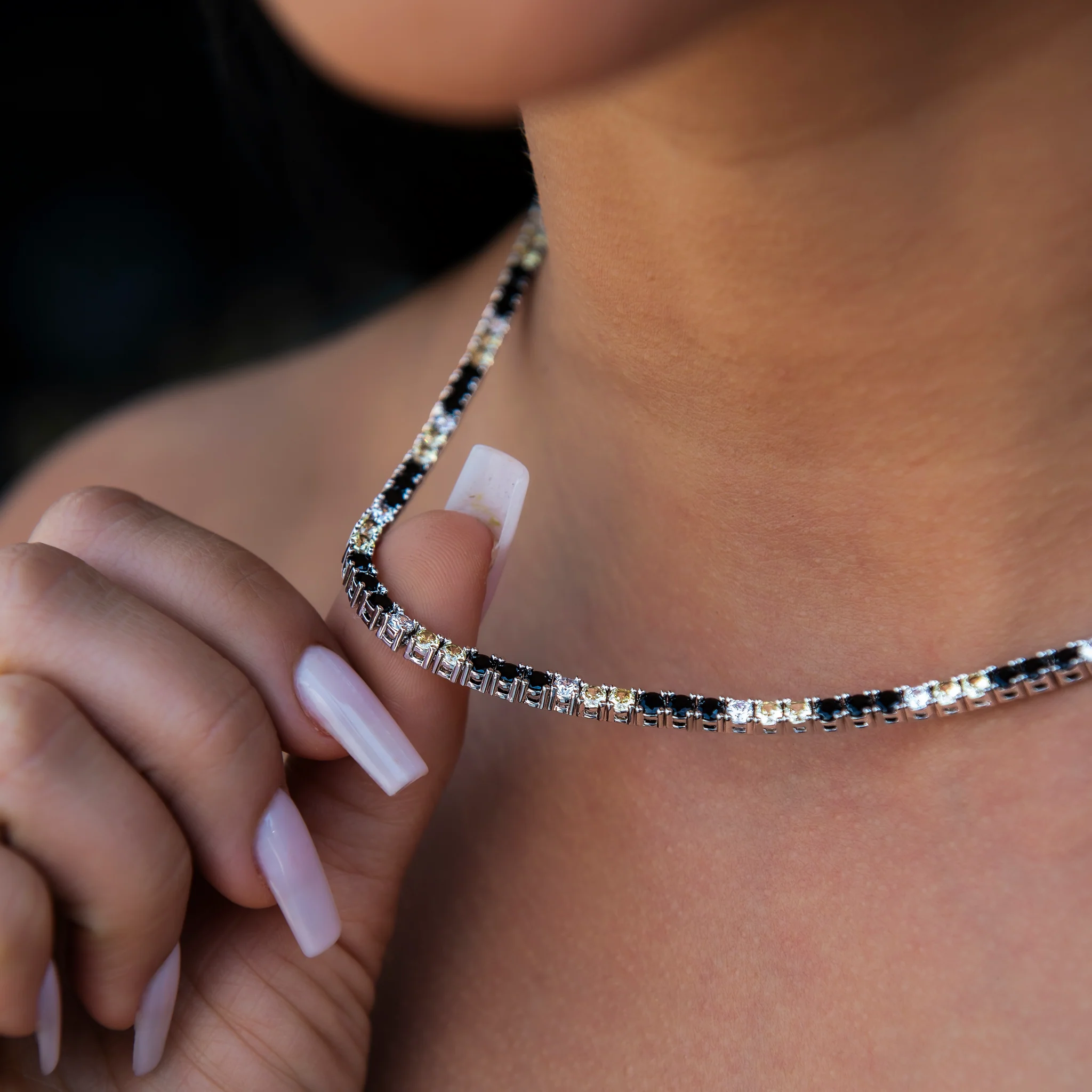 3MM Diamond Tennis Necklace - Black Yellow White