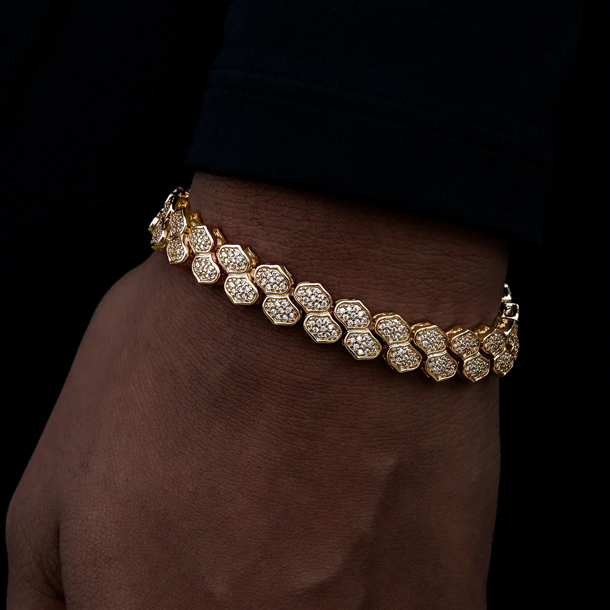 Diamond Pave Flat Snake Link Bracelet in Yellow Gold-4mm