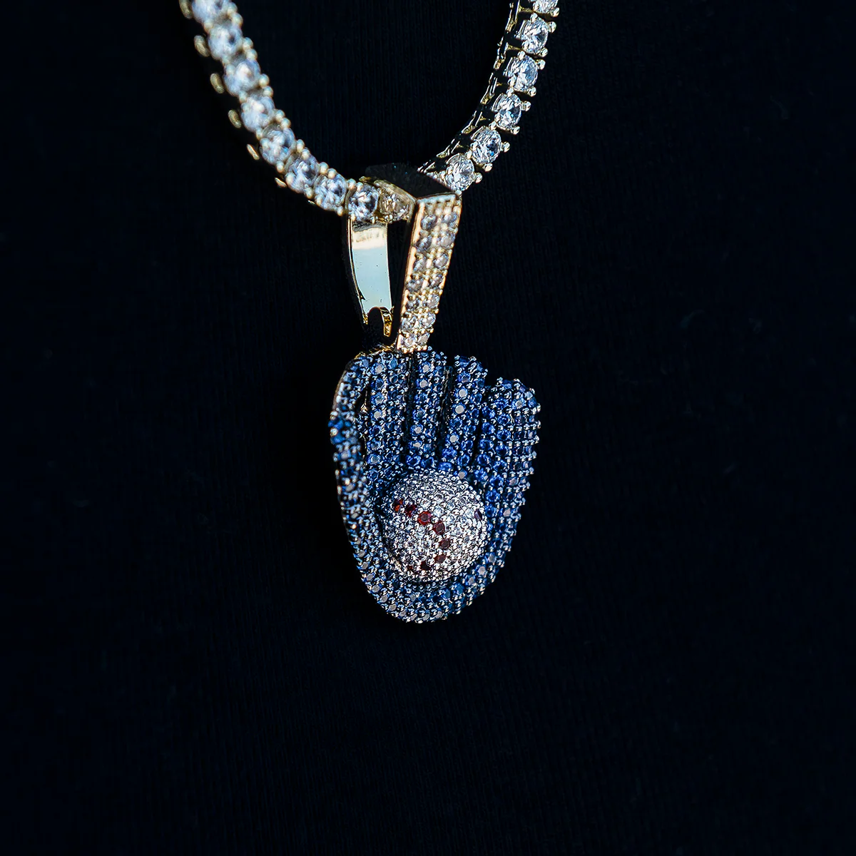 Iced Navy Baseball Pendant in Yellow Gold