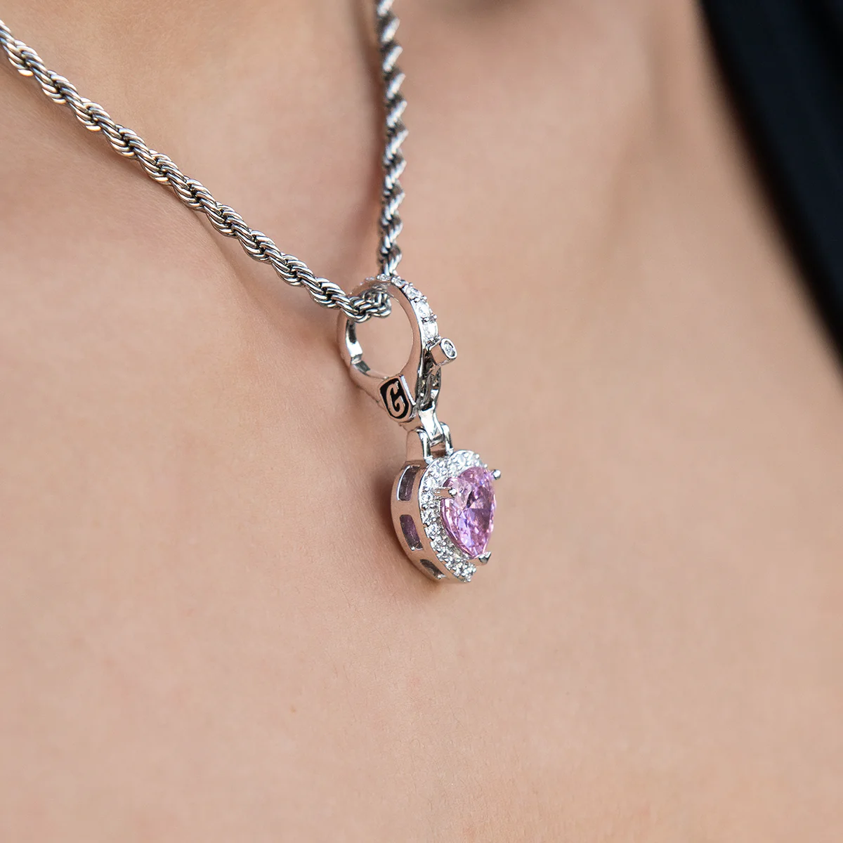 Micro Iced Pink Heart Clip On Charm Pendant in White Gold