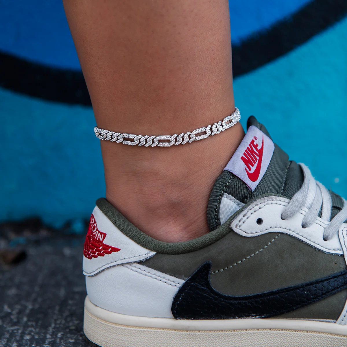 Diamond Figaro Chain Anklet in White Gold- 6mm